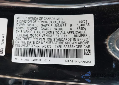 2022 Honda Civic Sport from USA, damaged, VIN 2HGFE2F57NH540976